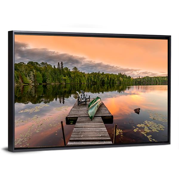 Green Canoe & Chairs On Lake Canvas Wall Art-5 Horizontal-Gallery Wrap-22" x 12"-Tiaracle