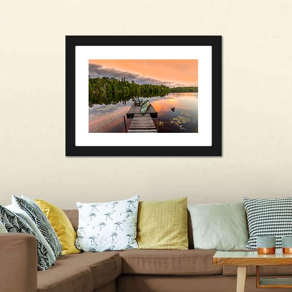 Green Canoe & Chairs On Lake Canvas Wall Art-3 Horizontal-Gallery Wrap-25" x 16"-Tiaracle