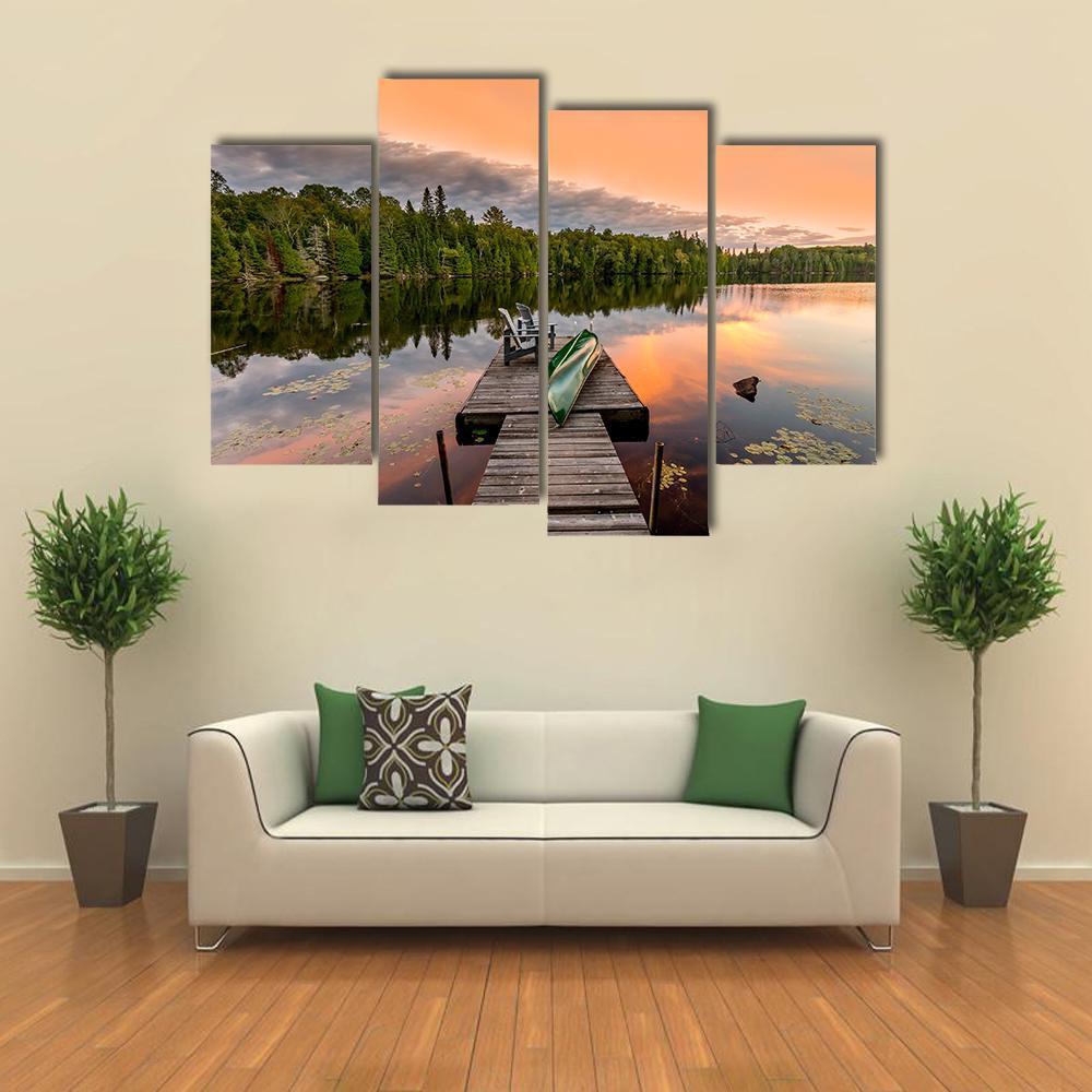 Green Canoe & Chairs On Lake Canvas Wall Art-4 Pop-Gallery Wrap-50" x 32"-Tiaracle