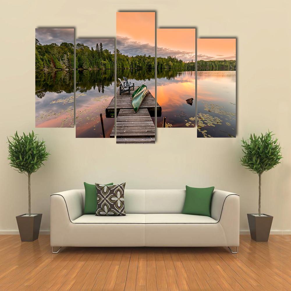 Green Canoe & Chairs On Lake Canvas Wall Art-5 Pop-Gallery Wrap-47" x 32"-Tiaracle