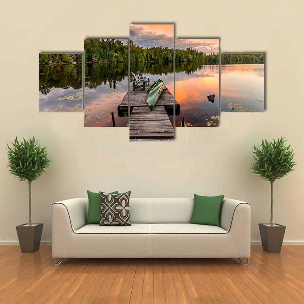 Green Canoe &amp; Chairs On Lake Canvas Wall Art-5 Star-Gallery Wrap-62&quot; x 32&quot;-Tiaracle