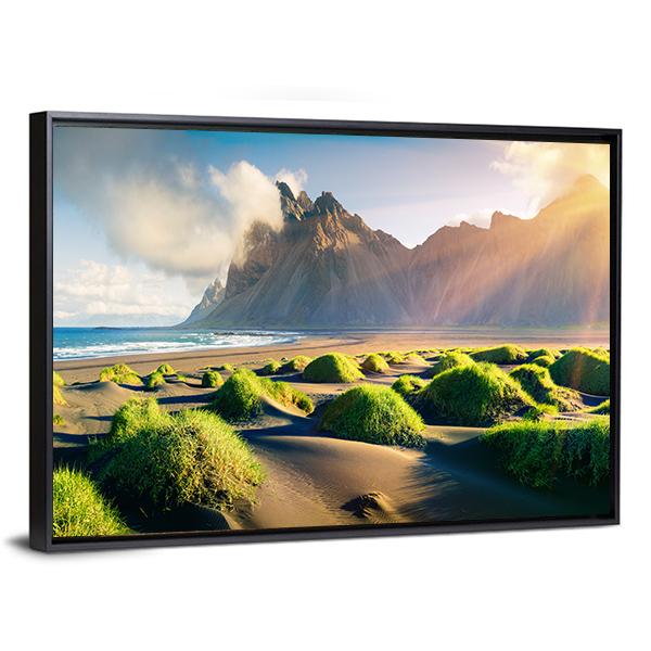 Green Dunes With Vestrahorn Canvas Wall Art-3 Horizontal-Gallery Wrap-25" x 16"-Tiaracle