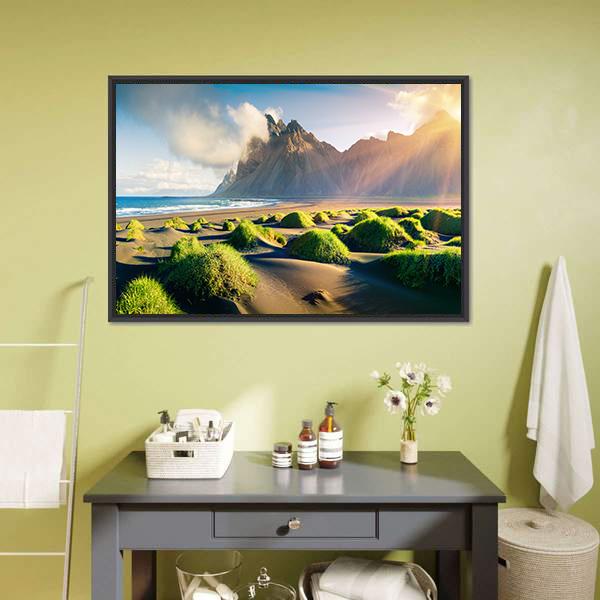 Green Dunes With Vestrahorn Canvas Wall Art-1 Piece-Floating Frame-24" x 16"-Tiaracle