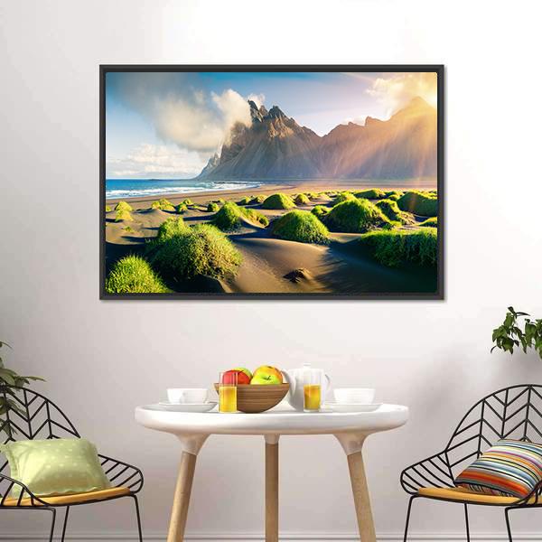 Green Dunes With Vestrahorn Canvas Wall Art-3 Horizontal-Gallery Wrap-25" x 16"-Tiaracle