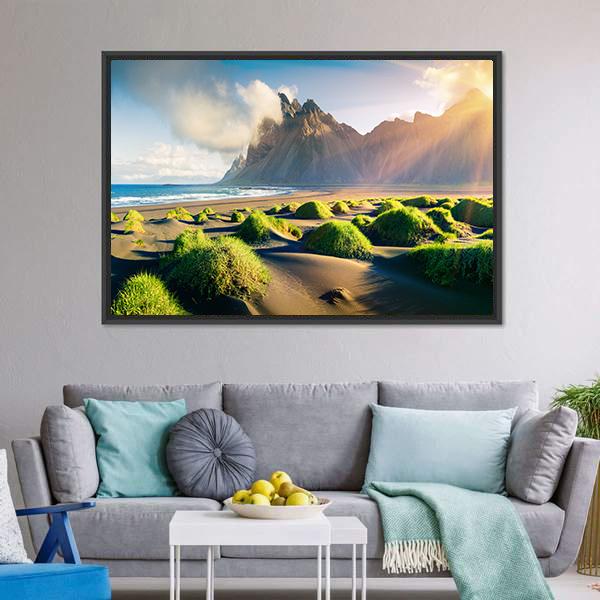 Green Dunes With Vestrahorn Canvas Wall Art-3 Horizontal-Gallery Wrap-25" x 16"-Tiaracle