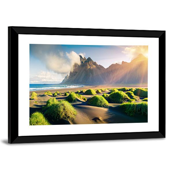 Green Dunes With Vestrahorn Canvas Wall Art-3 Horizontal-Gallery Wrap-25" x 16"-Tiaracle