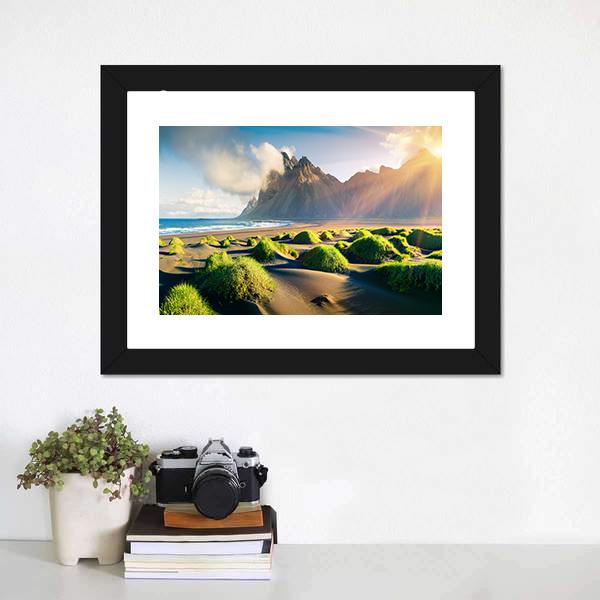 Green Dunes With Vestrahorn Canvas Wall Art-1 Piece-Framed Print-20" x 16"-Tiaracle