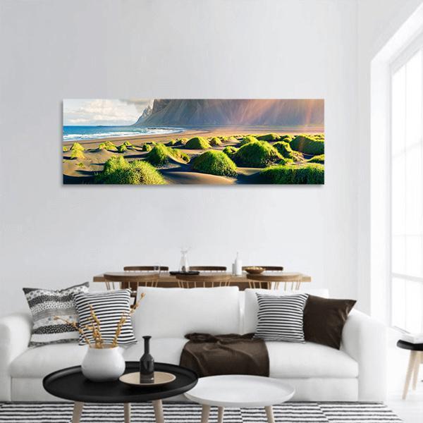 Green Dunes With Vestrahorn Panoramic Canvas Wall Art-1 Piece-36" x 12"-Tiaracle