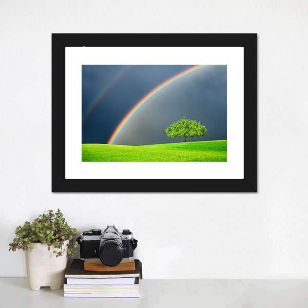 Green Field Tree &amp; Rainbow Canvas Wall Art-1 Piece-Framed Print-20" x 16"-Tiaracle