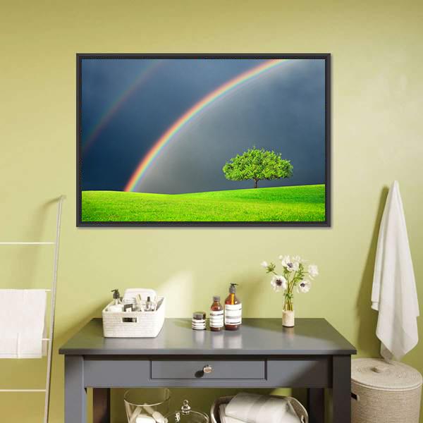 Green Field Tree &amp; Rainbow Canvas Wall Art-1 Piece-Floating Frame-24" x 16"-Tiaracle