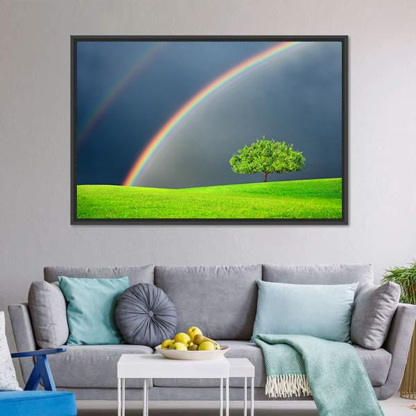 Green Field Tree & Rainbow Canvas Wall Art-5 Horizontal-Gallery Wrap-22" x 12"-Tiaracle