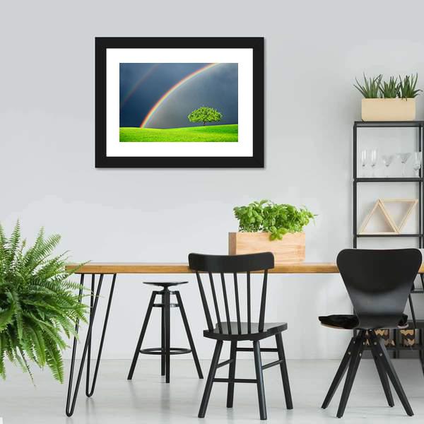 Green Field Tree & Rainbow Canvas Wall Art-5 Horizontal-Gallery Wrap-22" x 12"-Tiaracle