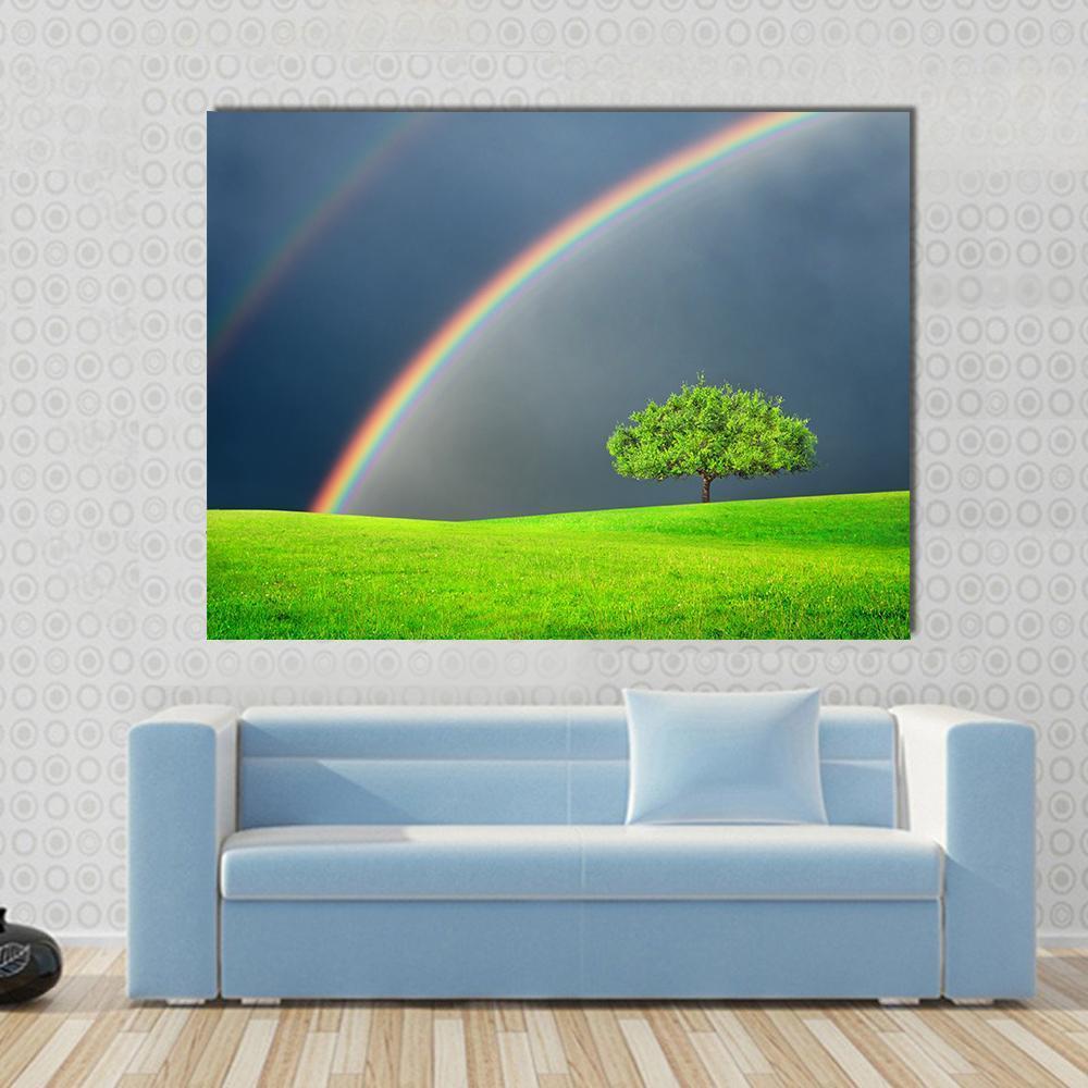 Green Field Tree & Rainbow Canvas Wall Art-4 Pop-Gallery Wrap-50" x 32"-Tiaracle