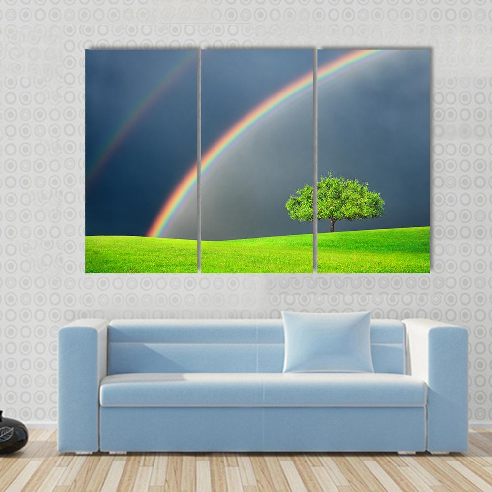 Green Field Tree &amp; Rainbow Canvas Wall Art-3 Horizontal-Gallery Wrap-37" x 24"-Tiaracle