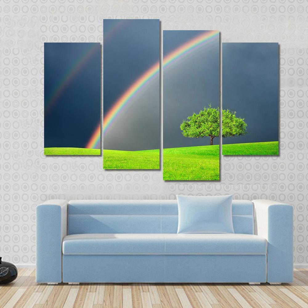 Green Field Tree &amp; Rainbow Canvas Wall Art-4 Pop-Gallery Wrap-50" x 32"-Tiaracle