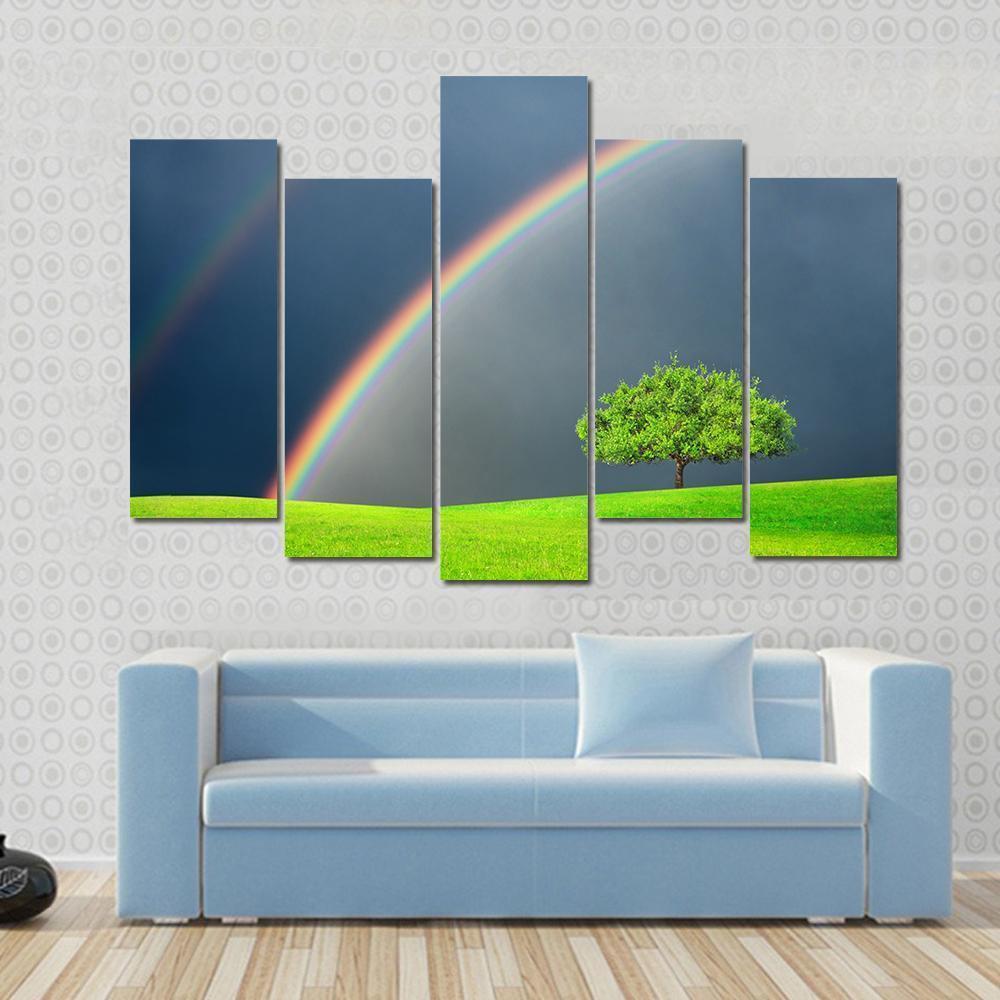 Green Field Tree &amp; Rainbow Canvas Wall Art-5 Pop-Gallery Wrap-47" x 32"-Tiaracle