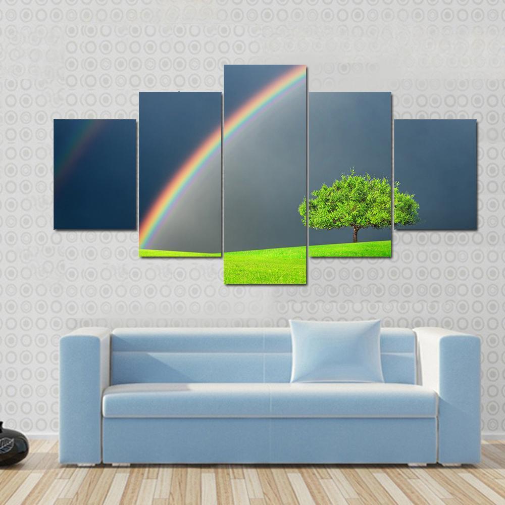 Green Field Tree &amp; Rainbow Canvas Wall Art-5 Star-Gallery Wrap-62" x 32"-Tiaracle