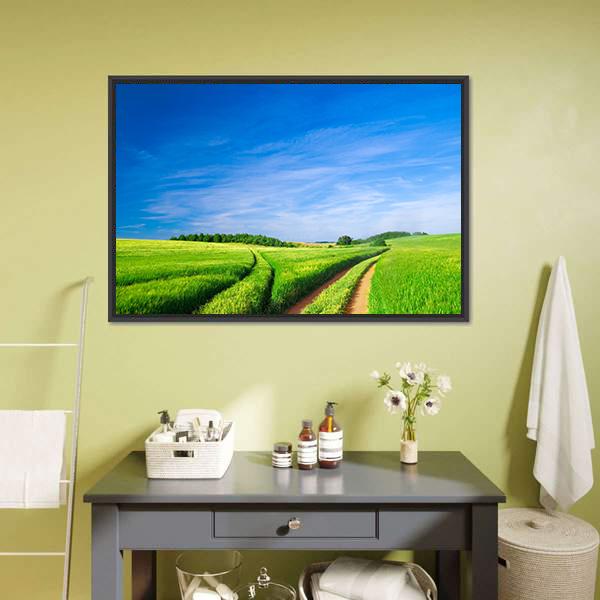 Green Field With Blue Sky Canvas Wall Art-1 Piece-Floating Frame-24" x 16"-Tiaracle