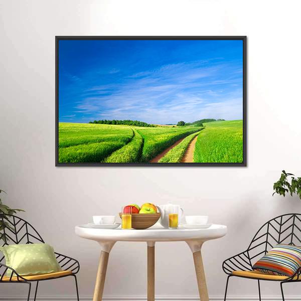 Green Field With Blue Sky Canvas Wall Art-3 Horizontal-Gallery Wrap-25" x 16"-Tiaracle