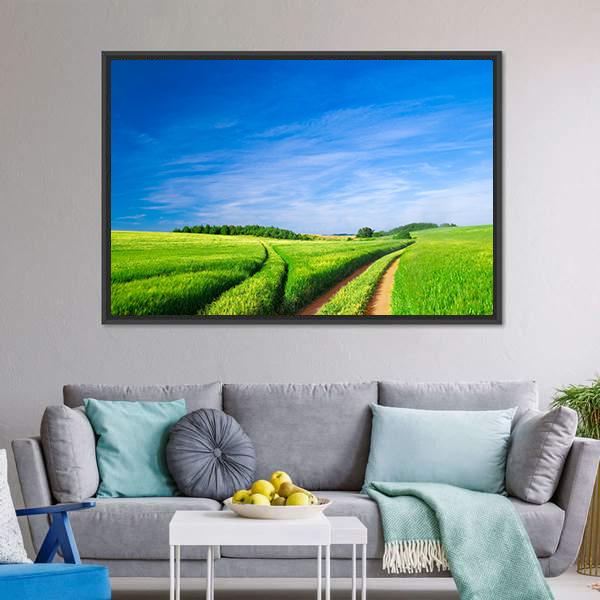 Green Field With Blue Sky Canvas Wall Art-3 Horizontal-Gallery Wrap-25" x 16"-Tiaracle
