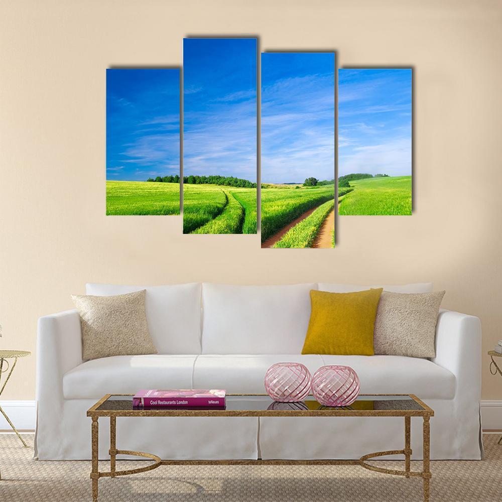 Green Field With Blue Sky Canvas Wall Art-4 Pop-Gallery Wrap-50" x 32"-Tiaracle
