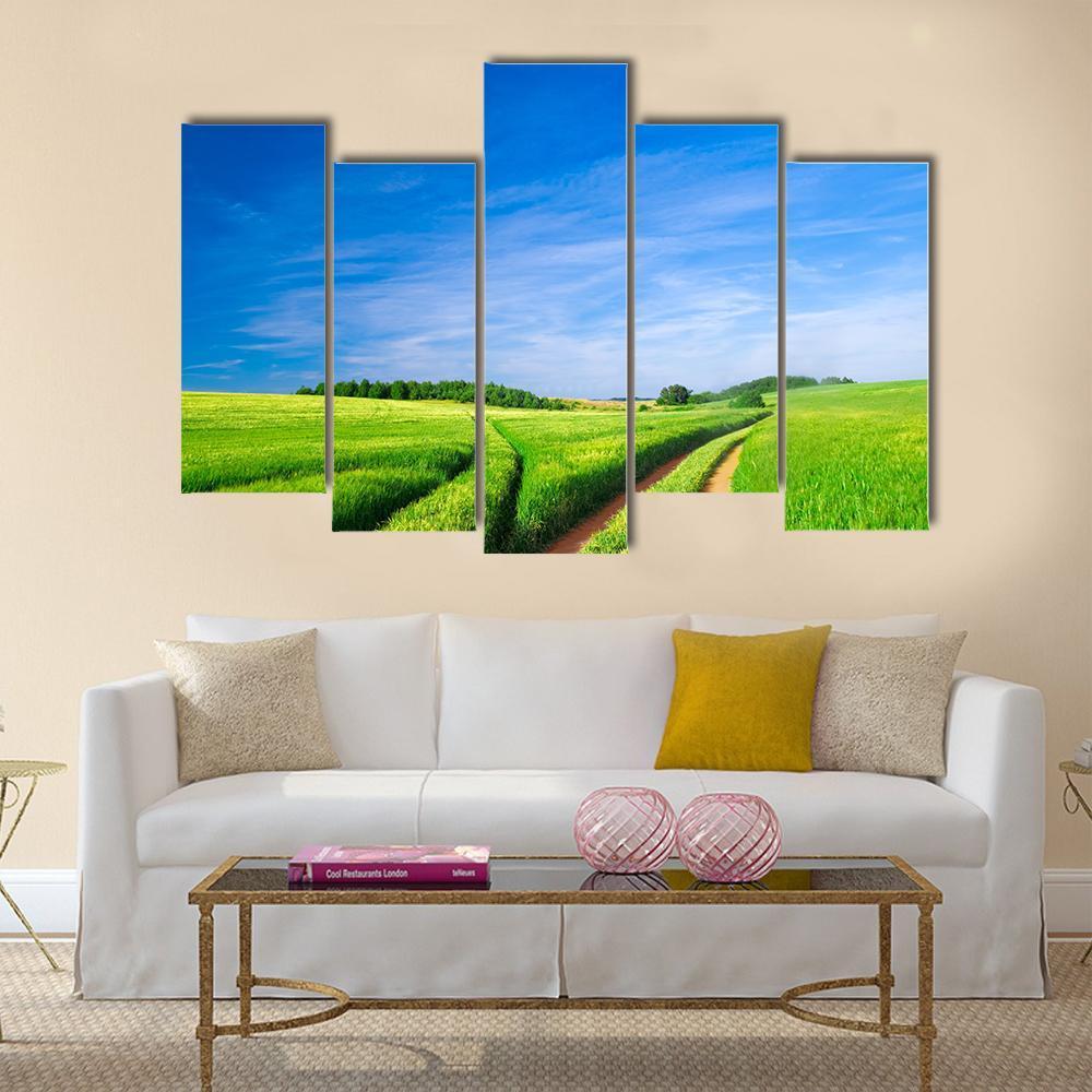 Green Field With Blue Sky Canvas Wall Art-5 Pop-Gallery Wrap-47" x 32"-Tiaracle