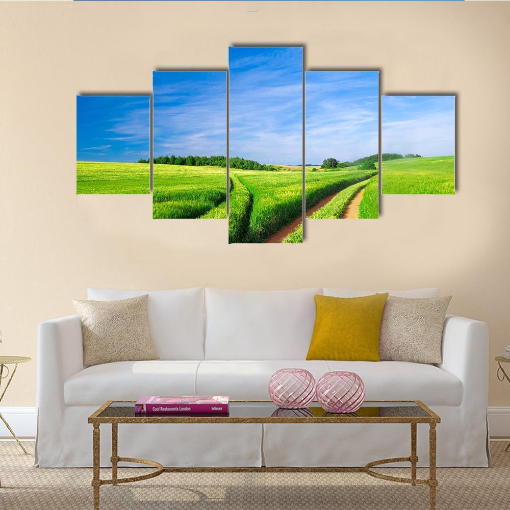 Green Field With Blue Sky Canvas Wall Art-5 Star-Gallery Wrap-62" x 32"-Tiaracle
