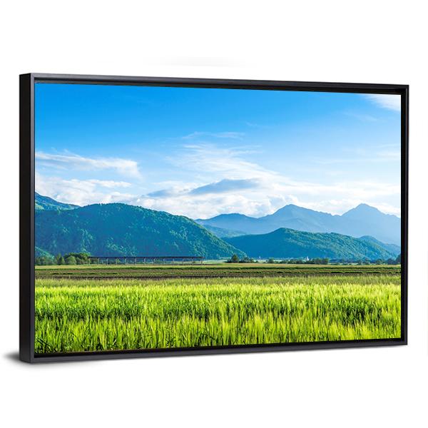 Green Field With Mountain Canvas Wall Art-3 Horizontal-Gallery Wrap-25" x 16"-Tiaracle