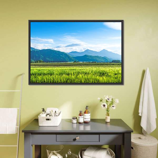 Green Field With Mountain Canvas Wall Art-1 Piece-Floating Frame-24" x 16"-Tiaracle