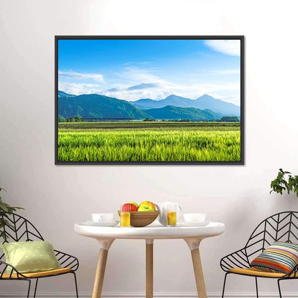 Green Field With Mountain Canvas Wall Art-3 Horizontal-Gallery Wrap-25" x 16"-Tiaracle