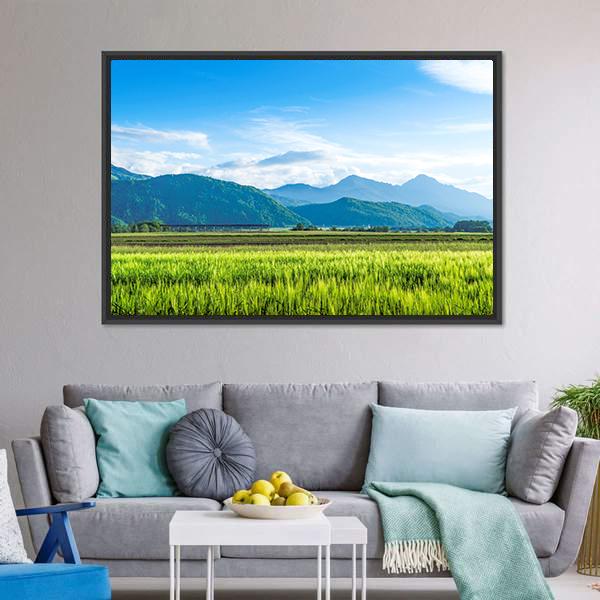 Green Field With Mountain Canvas Wall Art-3 Horizontal-Gallery Wrap-25" x 16"-Tiaracle