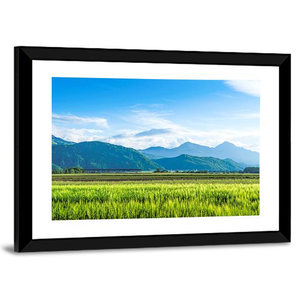 Green Field With Mountain Canvas Wall Art-3 Horizontal-Gallery Wrap-25" x 16"-Tiaracle