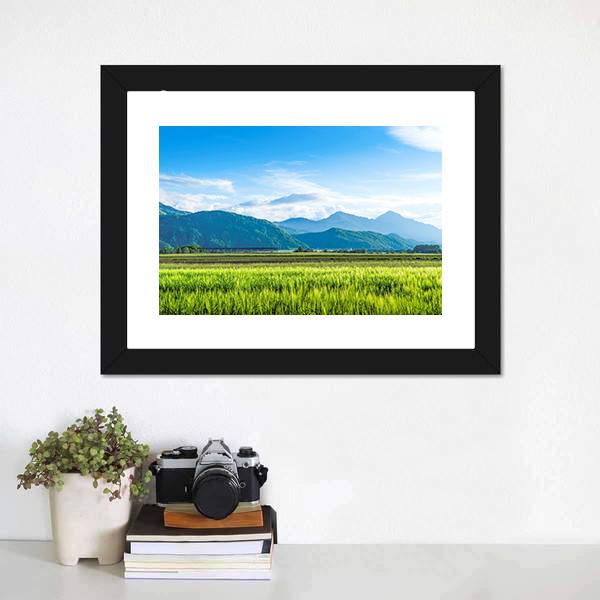 Green Field With Mountain Canvas Wall Art-1 Piece-Framed Print-20" x 16"-Tiaracle