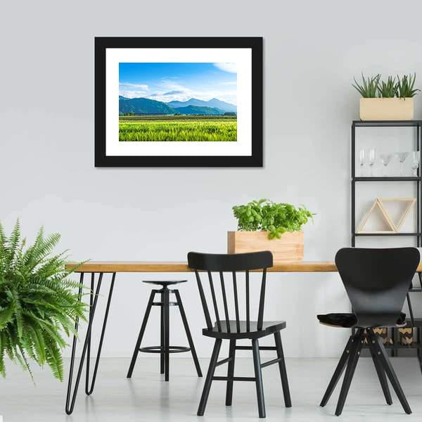 Green Field With Mountain Canvas Wall Art-3 Horizontal-Gallery Wrap-25" x 16"-Tiaracle