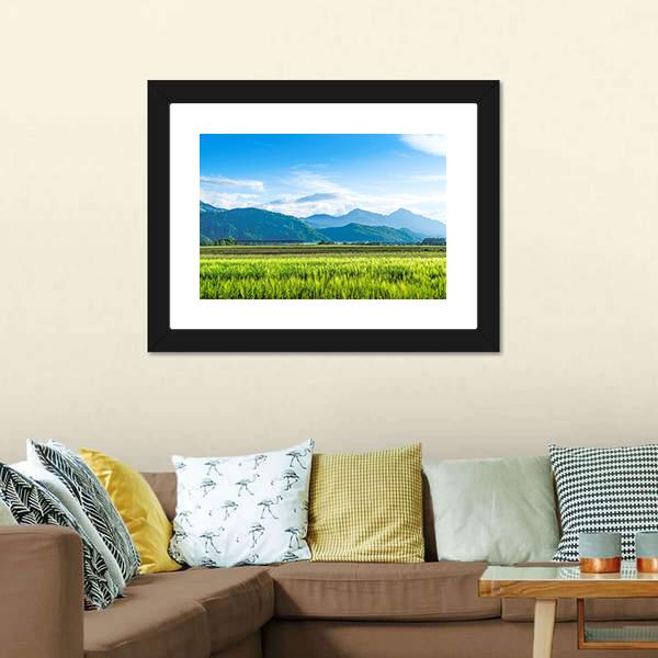 Green Field With Mountain Canvas Wall Art-3 Horizontal-Gallery Wrap-25" x 16"-Tiaracle