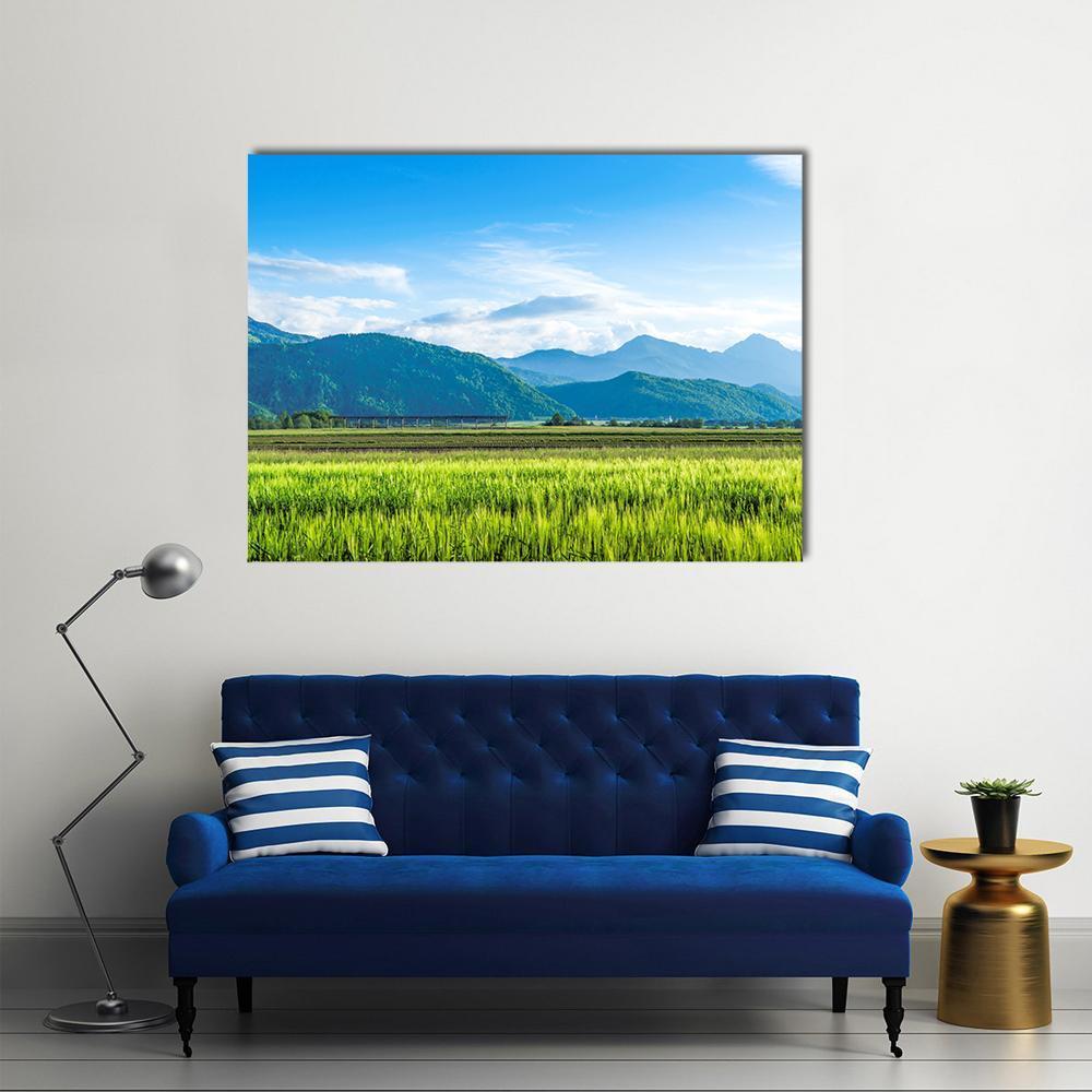 Green Field With Mountain Canvas Wall Art-1 Piece-Gallery Wrap-48" x 32"-Tiaracle
