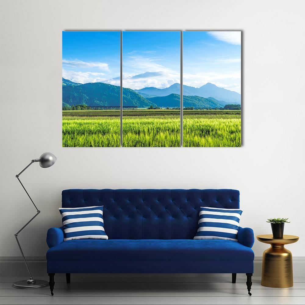 Green Field With Mountain Canvas Wall Art-3 Horizontal-Gallery Wrap-37" x 24"-Tiaracle