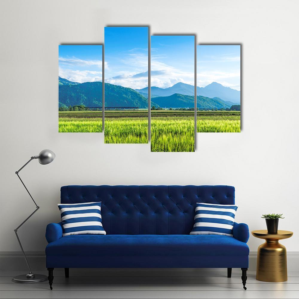 Green Field With Mountain Canvas Wall Art-4 Pop-Gallery Wrap-50" x 32"-Tiaracle