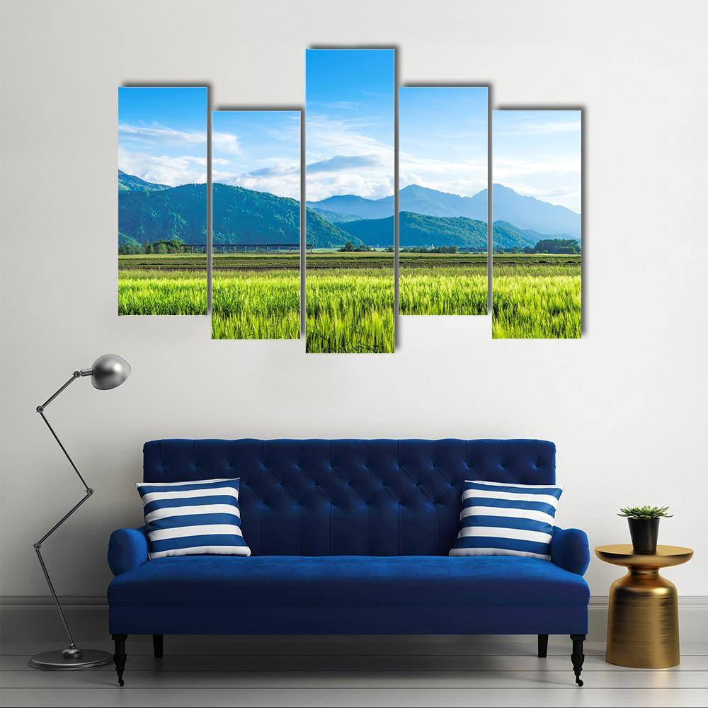 Green Field With Mountain Canvas Wall Art-5 Pop-Gallery Wrap-47" x 32"-Tiaracle