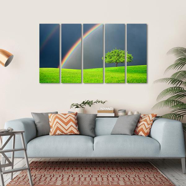Green Field Tree & Rainbow Canvas Wall Art-5 Horizontal-Gallery Wrap-22" x 12"-Tiaracle