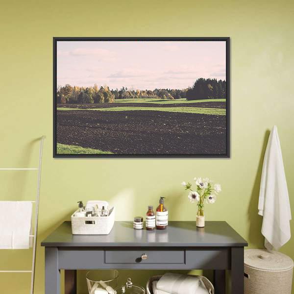 Green Field With Trees In The Autumn Canvas Wall Art-1 Piece-Floating Frame-24" x 16"-Tiaracle