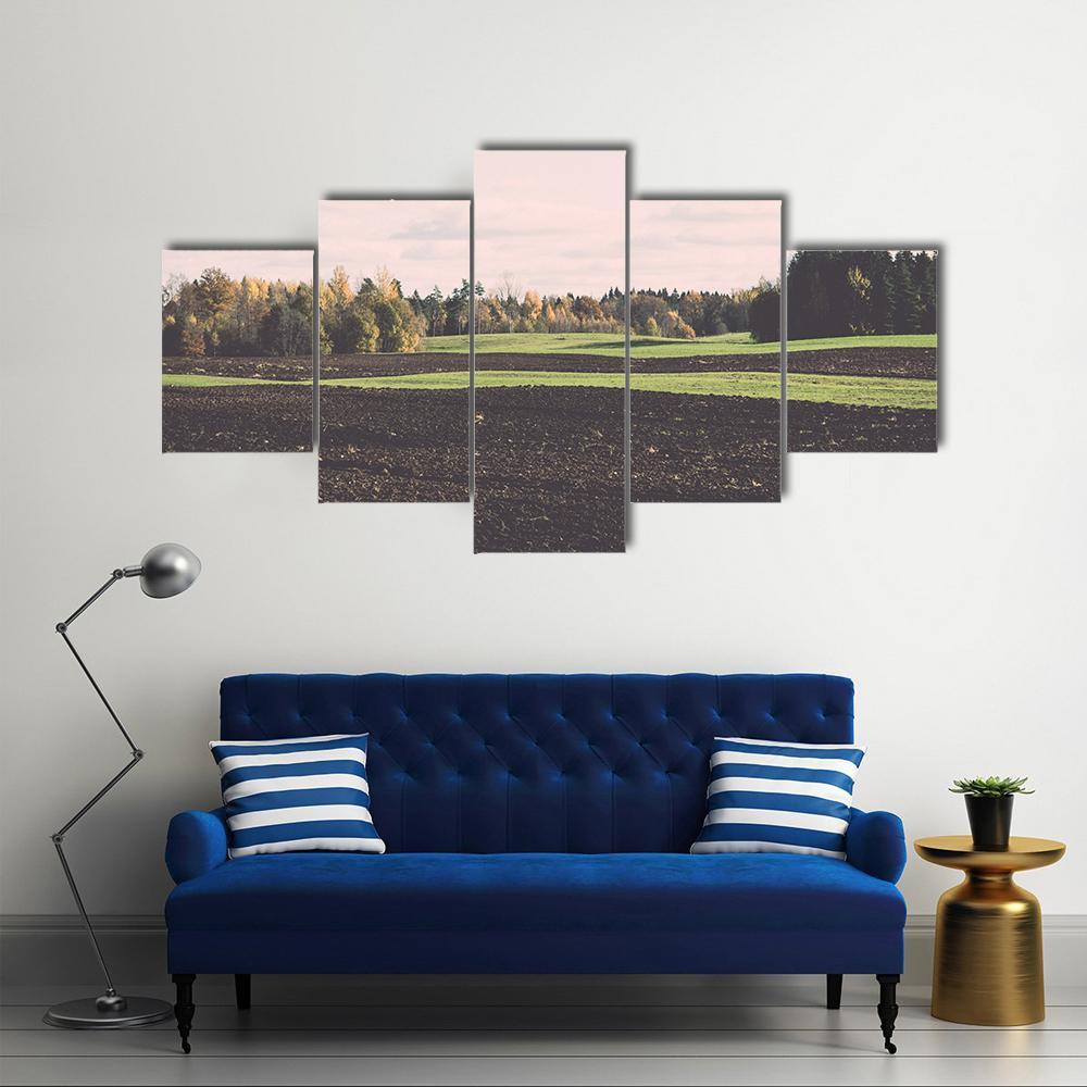 Green Field With Trees In The Autumn Canvas Wall Art-5 Star-Gallery Wrap-62" x 32"-Tiaracle