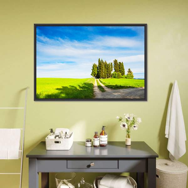 Green Fields With Cypress Trees Canvas Wall Art-1 Piece-Floating Frame-24" x 16"-Tiaracle
