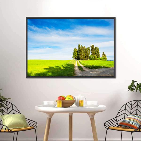 Green Fields With Cypress Trees Canvas Wall Art-3 Horizontal-Gallery Wrap-25" x 16"-Tiaracle