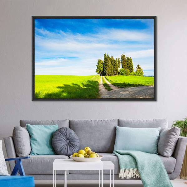 Green Fields With Cypress Trees Canvas Wall Art-3 Horizontal-Gallery Wrap-25" x 16"-Tiaracle