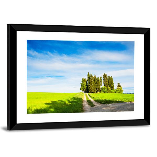Green Fields With Cypress Trees Canvas Wall Art-3 Horizontal-Gallery Wrap-25" x 16"-Tiaracle