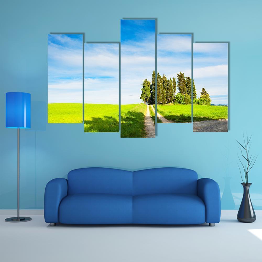 Green Fields With Cypress Trees Canvas Wall Art-5 Pop-Gallery Wrap-47" x 32"-Tiaracle