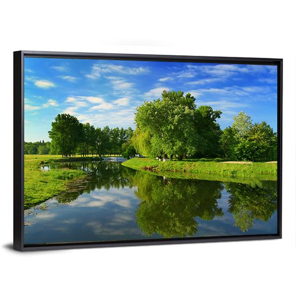 Green Fields With Lake Canvas Wall Art-3 Horizontal-Gallery Wrap-25" x 16"-Tiaracle