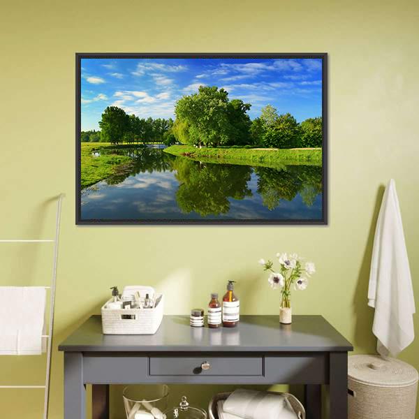 Green Fields with Lake Canvas Wall Art in green and blue, framed canvas, product view on a white background