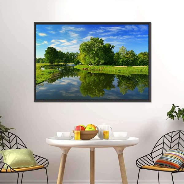 Green Fields With Lake Canvas Wall Art-3 Horizontal-Gallery Wrap-25" x 16"-Tiaracle